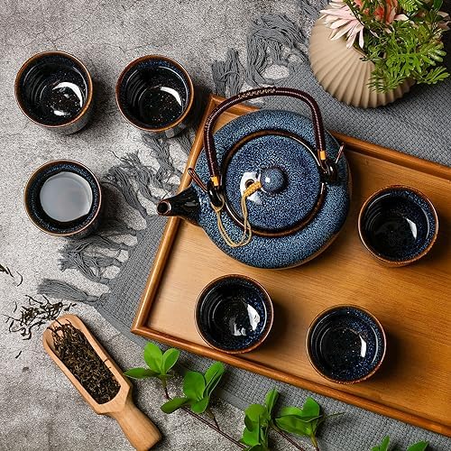 Layhit Japanese Asian Tea Set for Adults with 1 Teapot 6 Cups 1 Tray, 22 oz Traditional Portable Japanese Kiln Altered Glaze Porcelain Tea Set for Women Mother's Day Gifts(Blue) - Image 6