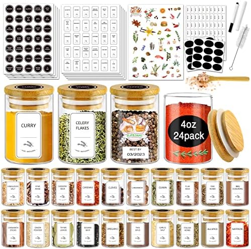SLifeJars-Spice Jars with Label, 4 oz 24 pcs Spice Containers Glass Jars with Bamboo Lids, Seasoning Containers Bottles, Airtight Empty Glass Jars for Spice Rack,Drawer,Cabinet,Pantry by LockinGoodnessSimplifyYou