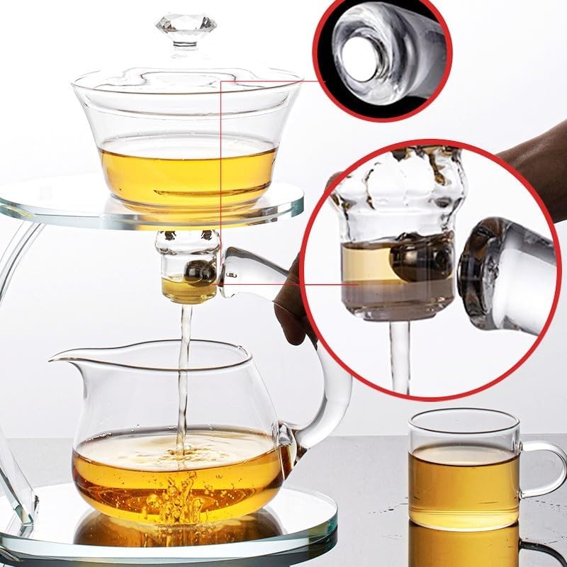Glass Teapot Set Semi Automatic Drip Rotating with Infuser Chinese Heat-Resistant Lazy Kungfu Tea Set (Transparent) - Image 6