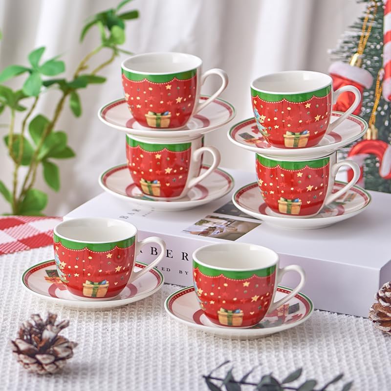 Christmas Espresso Cups & Saucers Set of 6, 3oz Small Coffee Mugs, Ceramic Demitasse Cup for Tea, Latte, Expresso Shot Cup for Espresso Machine & Coffee Maker, Christmas Gifts for Coffee Lovers - Image 6