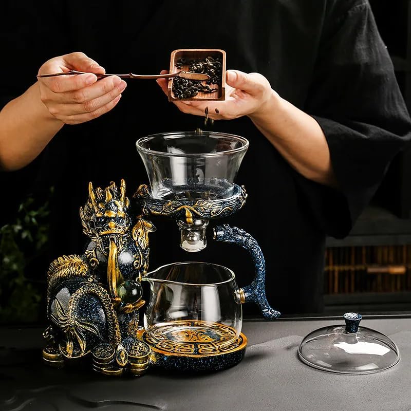 Glass Teapot Set with Infuser Semi Automatic Dragon Tea Set with 6 Small Cups (Blue golden dragon) - Image 3