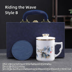Dehua Porcelain Tea Mug with Lid and Infuser, 380ml Office Cup, Chinese Landscape Pattern, Gold Accents, Leather Coaster, Gift Box Set (Riding the Wave Style B) - Image 2