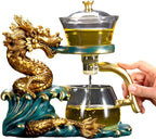 Glass Teapot Set Tea Maker with Infuser Semi Automatic Drip Rotating Cover Bowl Lazy Tea Set (Dragon, Teapot set) - Image 2
