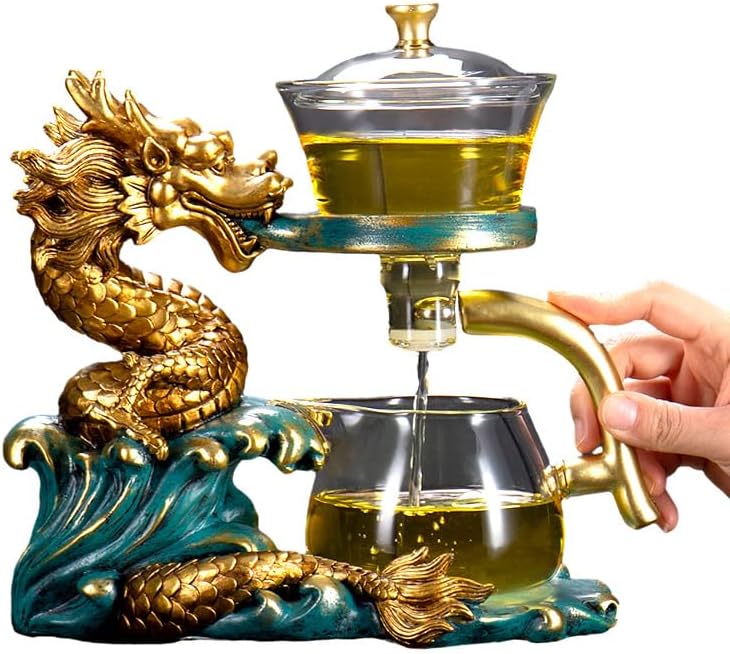 Glass Teapot Set Tea Maker with Infuser Semi Automatic Drip Rotating Cover Bowl Lazy Tea Set (Dragon, Teapot set) - Image 2
