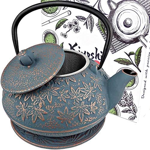 40 Oz Blue Maple Leaf Cast Iron Teapot, Enamel Interior, Infuser & Trivet by KIYOSHILuxury
