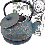 40 Oz Blue Maple Leaf Cast Iron Teapot, Enamel Interior, Infuser & Trivet by KIYOSHILuxury