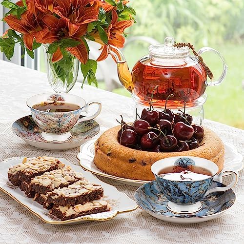 Floral Tea Cups Saucers Set of 2, Bone China 7 oz British Teacups Porcelain Coffee Cup for Rose Tea Cappuccino Espresso Latte (Apricot & Peach Blossom) - Image 3
