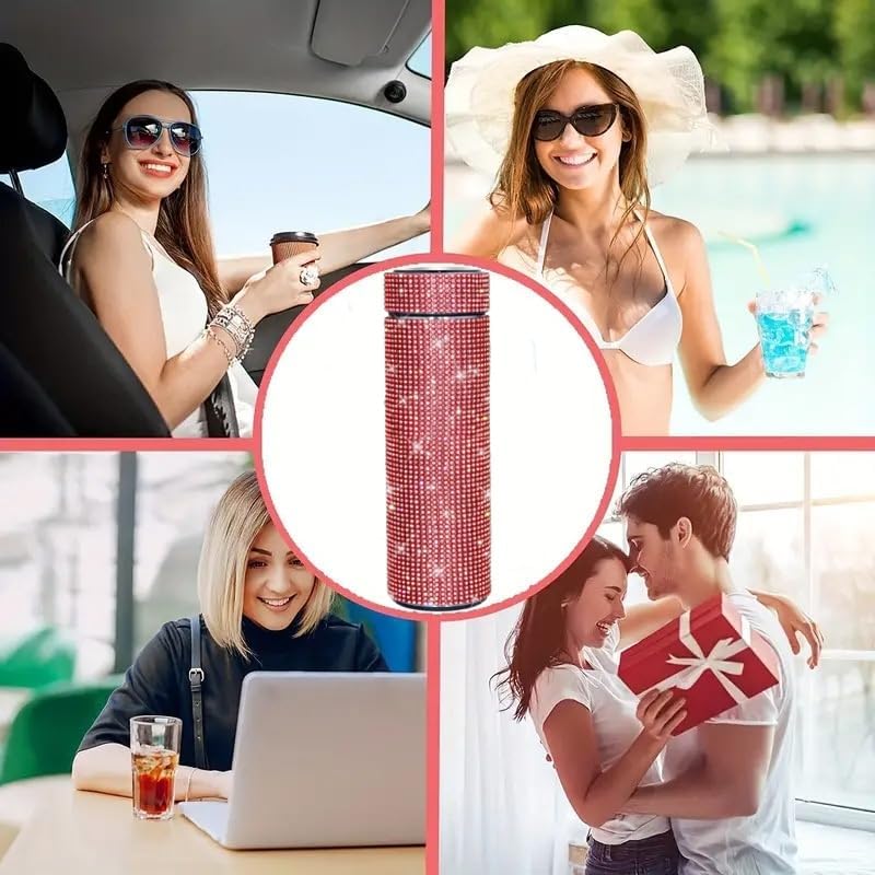 17 oz Bling Stainless Steel Water Bottle Rhinestone Vacuum Water Bottle Glitter Bottles Diamond Vacuum Flask Mug Gift Girls Women (500ml),Red - Image 6