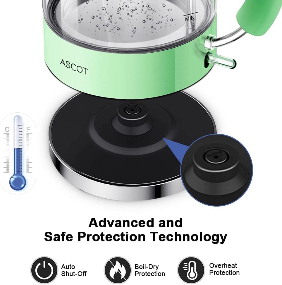 ASCOT Electric Kettle, Glass Electric Tea Kettle Gifts for Men/Women/Family 1.5L 1500W Borosilicate Glass Tea Heater, with Auto Shut-Off and Boil-Dry Protection (Green) - Image 7