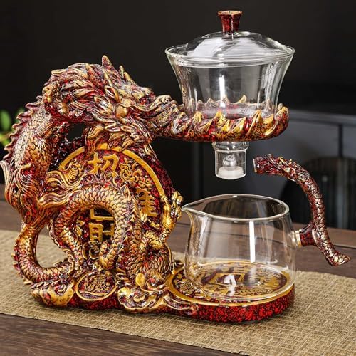 Glass Teapot Set with Infuser Semi Automatic Dragon Tea Set with 6 Small Cups (red golden dragon-b) - Image 2