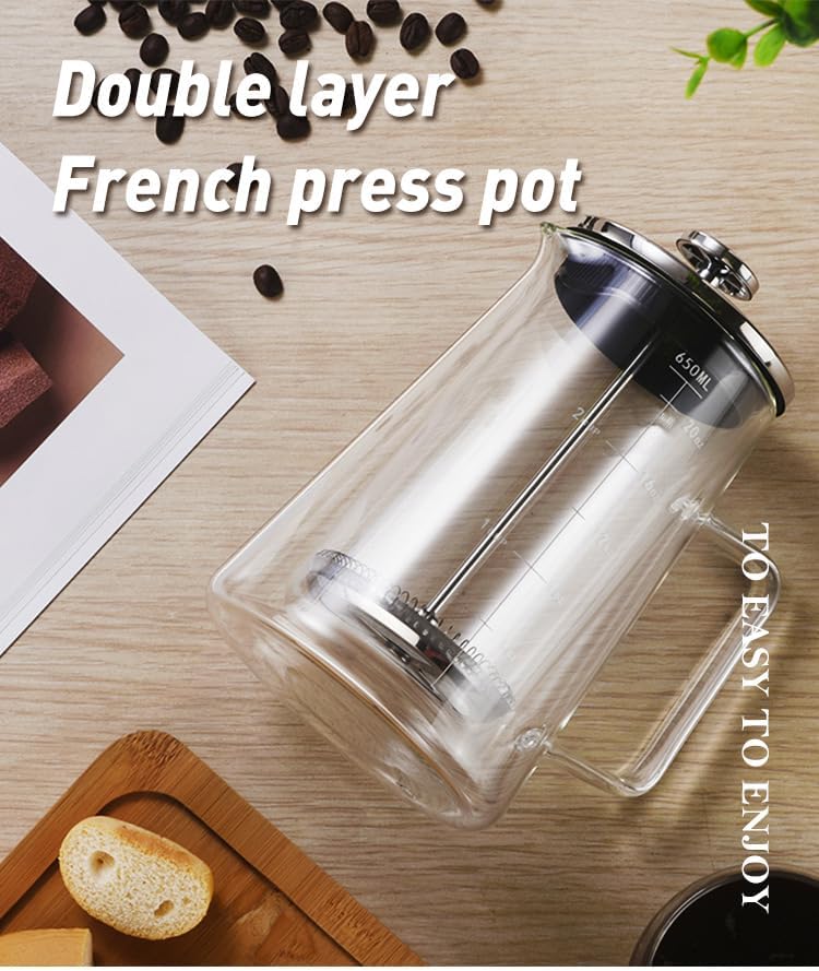Vortex XLYTB650 Premium Double Layer French Press Coffee Maker - 650ml Heat Resistant Borosilicate Glass Pot, Stainless Steel Plunger for 2-3 Cups, Elegant Home Office Brew - Image 6