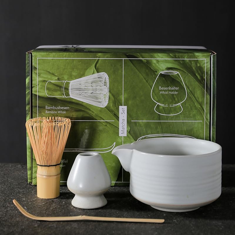 Japanese Matcha Tea Set of 4 Ceremony Matcha Kit with Matcha Bowl(Chawan) with Pouring Spout, Matcha Whisk (Chasen), Scoop (Chashaku), Ceramic Whisk Holder for Japanese Tea Ceremon White by Auerhceram