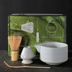 Japanese Matcha Tea Set of 4 Ceremony Matcha Kit with Matcha Bowl(Chawan) with Pouring Spout, Matcha Whisk (Chasen), Scoop (Chashaku) for Japanese Tea Ceremon White by Auerhceram