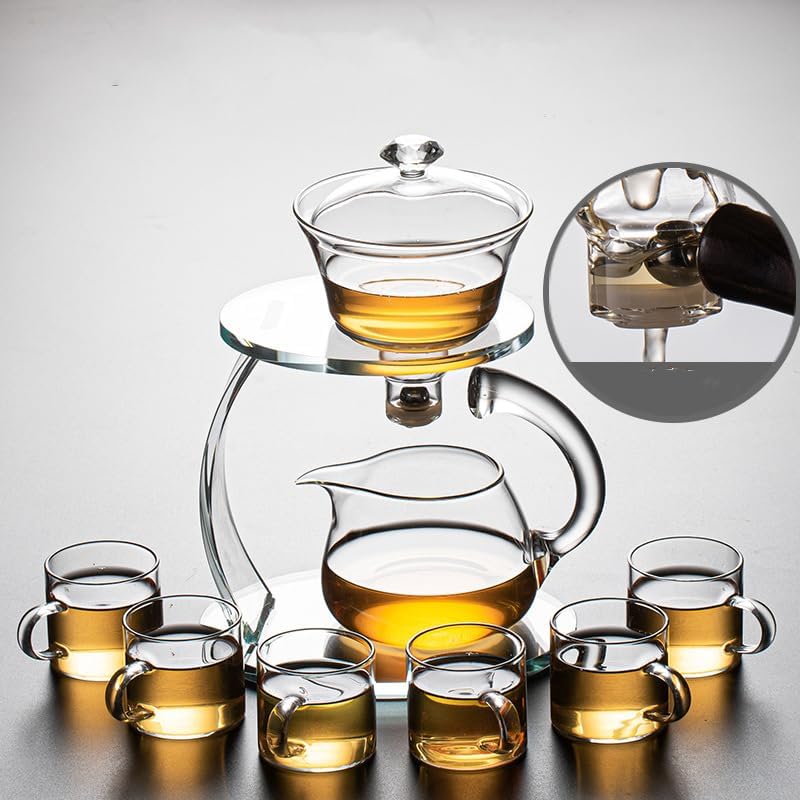 Glass Teapot Set Semi Automatic Drip Rotating with Infuser Chinese Heat-Resistant Lazy Kungfu Tea Set with 6pcs Teacups (Clear) - Image 3