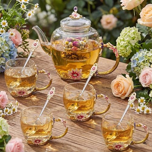 Maxdot 5 Pcs Floral Glass Tea Set, 51 oz Daisy Teapot with Infuser - Image 3
