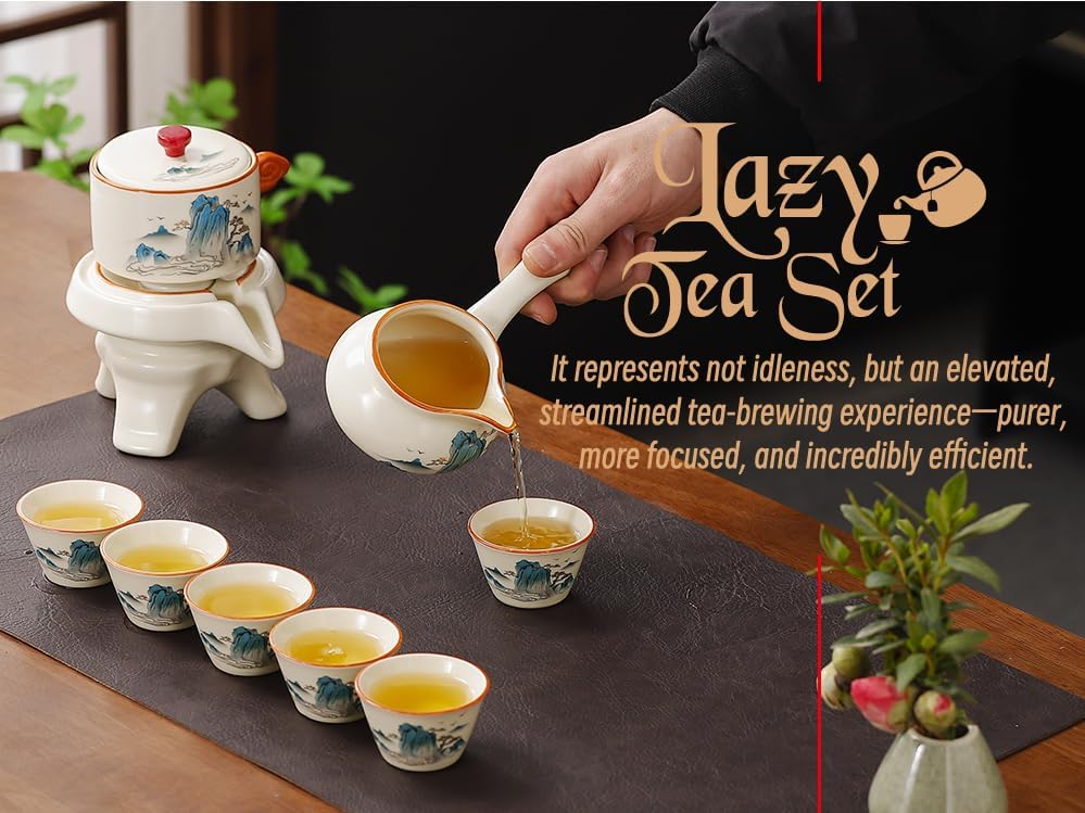 Semi Automatic Tea Set Magic Teapot with 6 cups Japanese Teapot Set,Chinese Gongfu Tea Set Ceramic Teapot with Infuser (Jiangshan-Automatic) - Image 4
