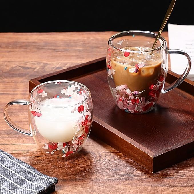 Double Wall Glass Coffee Mugs with Handle – Set of 2, 250ml Clear Flower Design Tea Cups | Insulated Glass Mugs for Hot & Cold Beverages, Cappuccino, Latte, Espresso, Tea (Red & Pink) - Image 6
