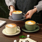 LOWYEPAULHO Cappuccino Cups with Saucers, 8 oz CeramicVertical Stripe Coffee Cup and Saucer set for Au Lait, Double shot, Latte, Cafe Mocha, Set of 4 - Image 4