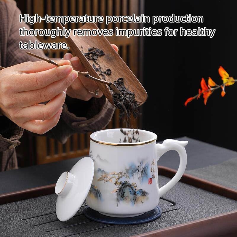 Dehua Porcelain Tea Mug with Lid and Infuser, 380ml Office Cup, Chinese Landscape Pattern, Gold Accents, Leather Coaster, Gift Box Set (Riding the Wave Style A) - Image 6