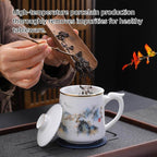 Dehua Porcelain Tea Mug with Lid and Infuser, 380ml Office Cup, Chinese Landscape Pattern, Gold Accents, Leather Coaster, Gift Box Set (Riding the Wave Style C) - Image 6