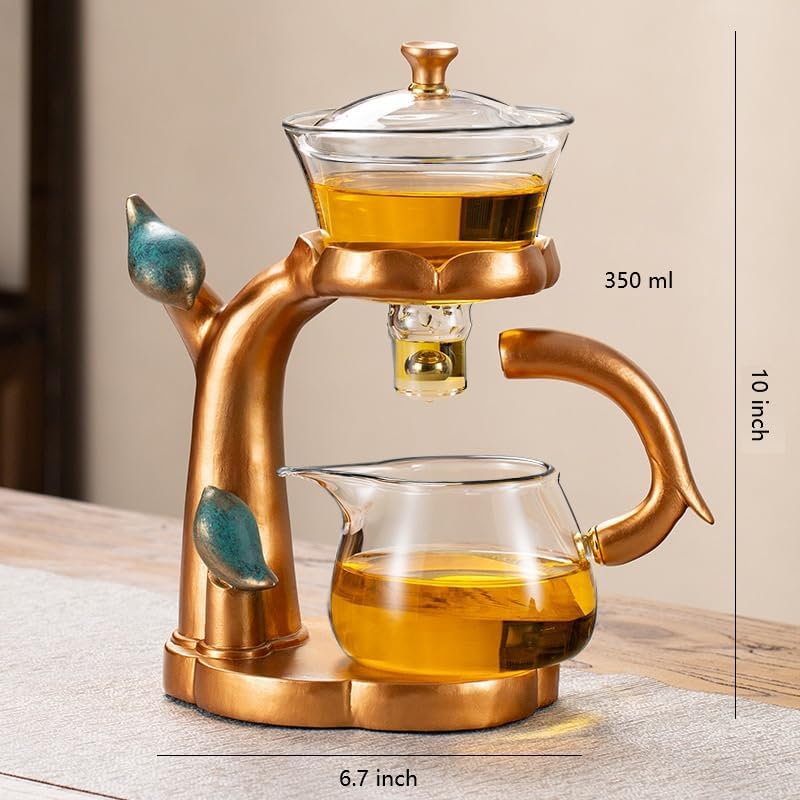 RORA Lazy Kungfu Glass Tea Set Semi Automatic Drip Rotating with Infuser Glass Teapot (Brown Bird) - Image 3
