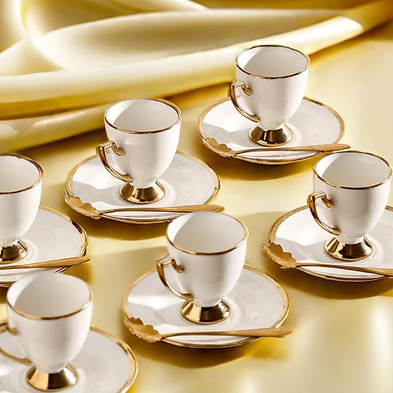 Ceramic coffee cups and saucers, 6 cups 6 saucers 6 spoons, 18 pieces 3 ounce gold rim cup sets, teacup tea set sets, suitable for cappuccino, latte, mocha (Modern) - Image 3