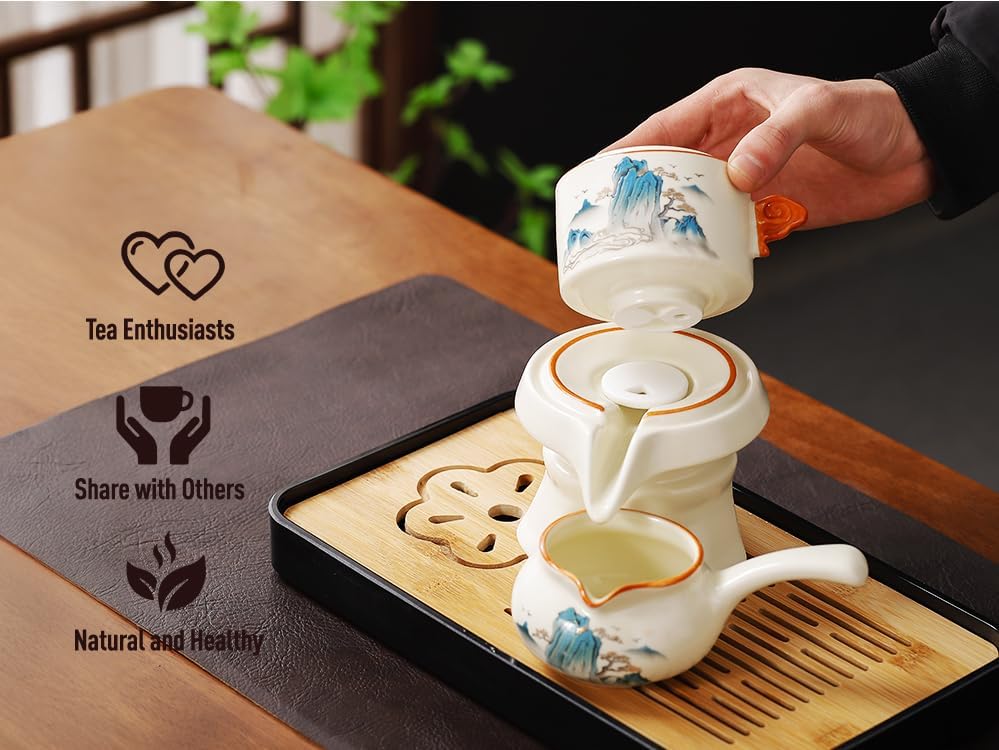 Semi Automatic Tea Set Magic Teapot with 6 cups Japanese Teapot Set,Chinese Gongfu Tea Set Ceramic Teapot with Infuser (Jiangshan-Automatic) - Image 3