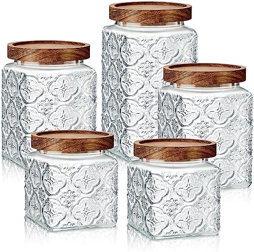 Gerrii 5 Pcs Glass Jar with Wood Lid Food Storage,Clear,Begonia Square by Gerrii