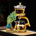 Glass Teapot Set with Infuser Semi Automatic Tea Set Lazy Kungfu Attraction Drip Rotating Magic Teapot Set (Peacock) - Image 2