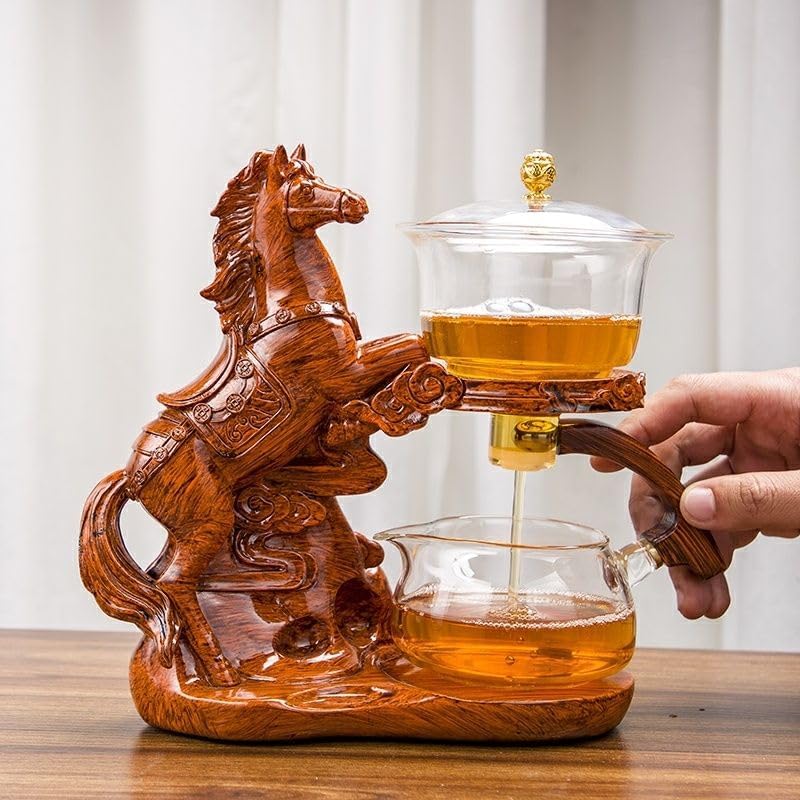 Glass Teapot Set Semi Automatic Rotating Cover Bowl with Infuser Lazy Kungfu Tea pot Set (Teapot single, Horse) - Image 4