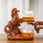 Glass Teapot Set Semi Automatic Rotating Cover Bowl with Infuser Lazy Kungfu Tea pot Set (Teapot set, Horse) - Image 5