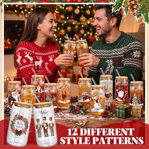 Teenyyou 12 Sets of Christmas Glasses Cups with Bamboo Lid and Glass Straw 16 oz Red and Black Plaid Christmas Glass Jar Drinking Cups Wreath Santa Coffee Cup for Women Men Xmas Holiday Party Gifts - Image 5