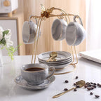 Ceramic Espresso Cups Set with Saucers and Metal Stand, 4 oz Porcelain Stackable Cappuccino Cups Teacup For Tea, Espresso, Latte, Coffee, Cafe Mocha（Gray） - Image 2