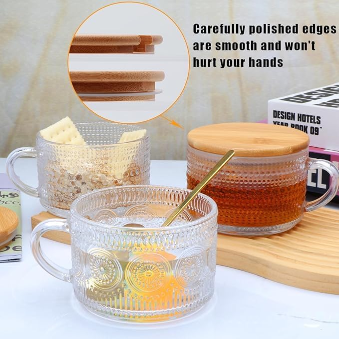 Overnight Oats Containers with Lids Set of 4pcs-420ml, Vintage Coffee Mugs gifts for women, Glass Cups with Spoons and Bamboo Lids,Great for Coffee, Overnight Oats,Juice. - Image 4