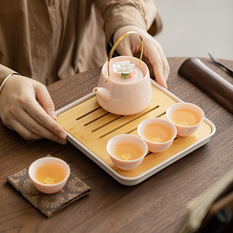 Japanese Porcelain Tea Set, Pink Kungfu Teapot Set with 1 Teapot, 4 Tea Cups, 1 Tea Tray, for Adults, Tea Lover/Women/Men/Office/Home (Pink) - Image 2