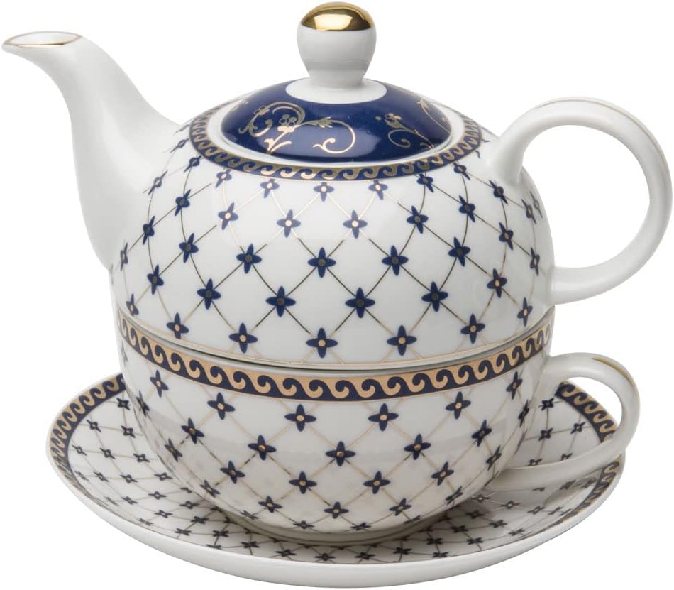 Grace Teaware Porcelain 4-Piece Tea For One (Trellis Blue Gold) - Image 4