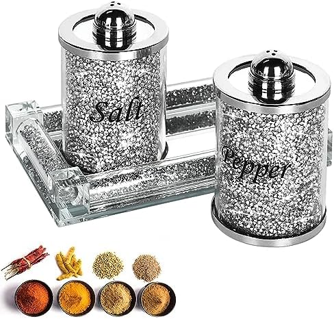 Crystal Salt and Pepper Shakers Set with Tray,Sparkly Crystal Crushed Diamond House Decor for Kitchen,Bling Salt Pepper Jar Container Pot for Countertop,saleros para cocina elegantes,Silver by HomeandKitchenNO1