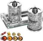 Crystal Salt and Pepper Shakers Set with Tray,Sparkly Crystal Crushed Diamond House Decor for Kitchen,Bling Salt Pepper Jar Container Pot for Countertop,saleros para cocina elegantes,Silver by HomeandKitchenNO1