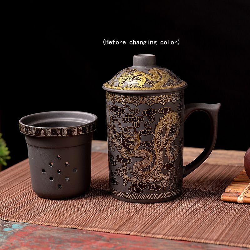 Ceramic Teacup, Chinese Hand Painted Purple Clay Tea Mug with Lid and Infuser, (13oz) Zisha Water Mug Drinkware for Office Home (Color change Black Dragon) - Image 3