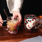 Double Wall Glass Coffee Mugs with Handle – Set of 2, 250ml Clear Flower Design Tea Cups | Insulated Glass Mugs for Hot & Cold Beverages, Cappuccino, Latte, Espresso, Tea (Red & Pink) - Image 5