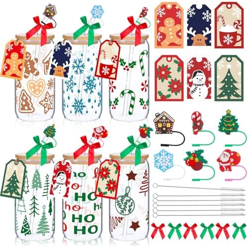 Vesici 6 Set Christmas Glasses Cups 16 oz Xmas Drink Cup with Lid Straw and Stopper Can Shaped Beer Tumbler Christmas Appreciation Gifts with Cards and Bow for Women Birthday Party Favor by Vesici