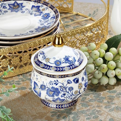 fanquare Porcelain Tea Sets,Blue British Coffee Cups& Saucer Service for 6, with Teapot,Sugar Bowl,Creamer Pitcher and Golden Metal Rack - Image 3