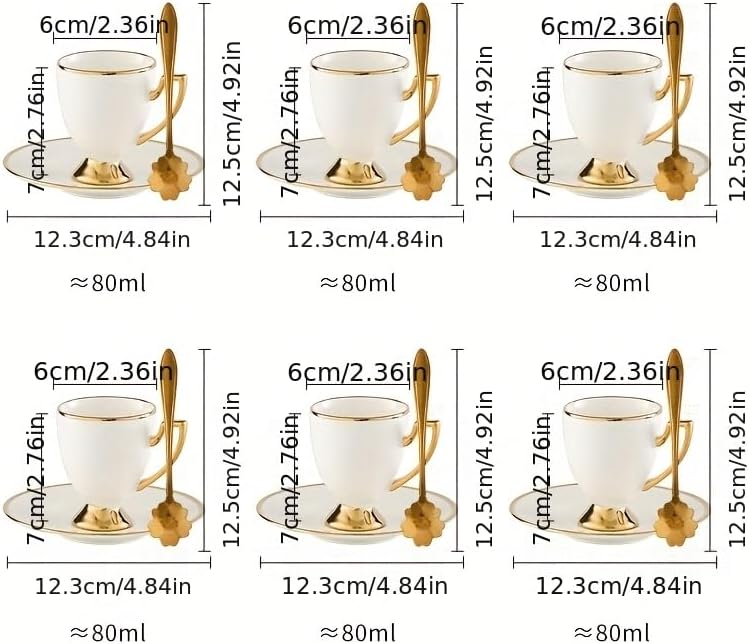 Ceramic coffee cups and saucers, 6 cups 6 saucers 6 spoons, 18 pieces 3 ounce gold rim cup sets, teacup tea set sets, suitable for cappuccino, latte, mocha (Modern) - Image 4
