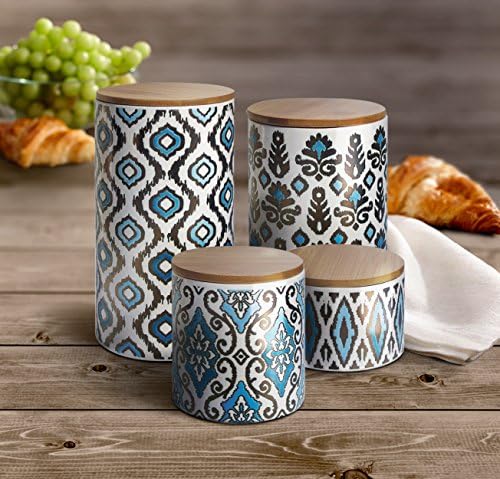American Atelier Kitchen Ceramic Canister Set w/Lids, Blue Gold Décor, 4PC - Image 2