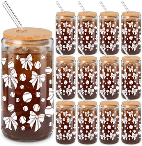 12 Pack 16 Oz Baseball Glass Cups with Lid and Straw Sports Glass Clear Reusable Cups Iced Coffee Drinking Tumbler for Sports Themed Party Favors Team Gifts Birthday Party Supplies by Yetene