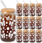12 Pack 16 Oz Baseball Glass Cups with Lid and Straw Sports Glass Clear Reusable Cups Iced Coffee Drinking Tumbler for Sports Themed Party Favors Team Gifts Birthday Party Supplies by Yetene