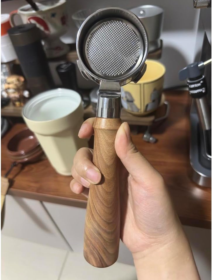 51mm bottomless portafilter 3 ears with Custom Filter Basket Holes 648 * 0.3mm Compatible with Delonghi Espresso Machine EM450, Red Grandis Wood Handle - Unique Natural Wood Variation - Image 4