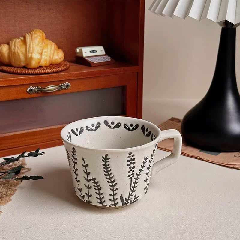 4 Pack 12oz Speckled Stoneware Coffee Mugs, Vintage Black Seaweed Botanical Ceramic Tea Cups, Rustic Hand Drawn Floral Drinking Mugs, Microwave Dishwasher Safe, Gift Set for Coffee Lovers - Image 5