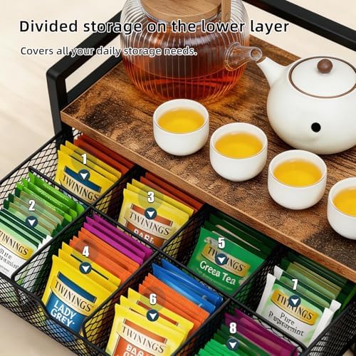 Tea Bag Organizer with 8-Compartment Mesh Drawer, Rustic Brown - Image 6