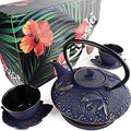 Midnight Blue Koi Cast Iron Tea Set, 2 Cups, 2 Saucers, Infuser & Trivet by KIYOSHILuxury
